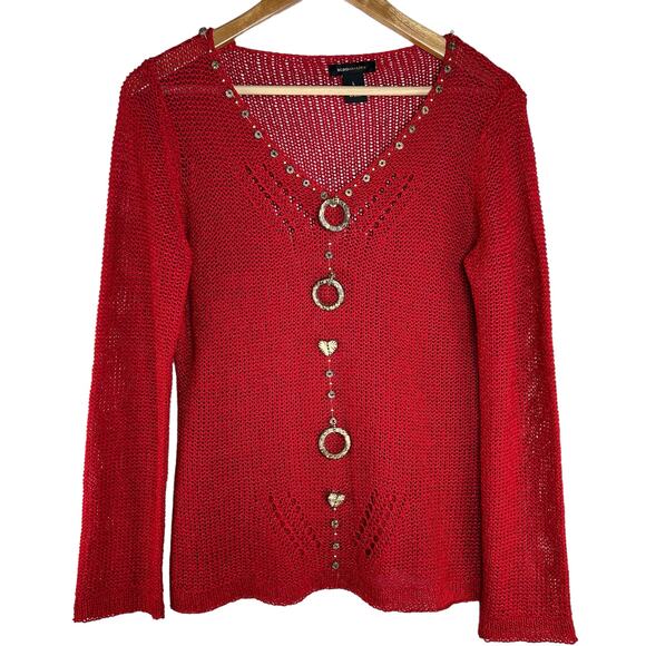 BCBGMAXAZRIA Red Y2K Beaded Open Weave Sweater L Boho Coquette Knit - Picture 1 of 7